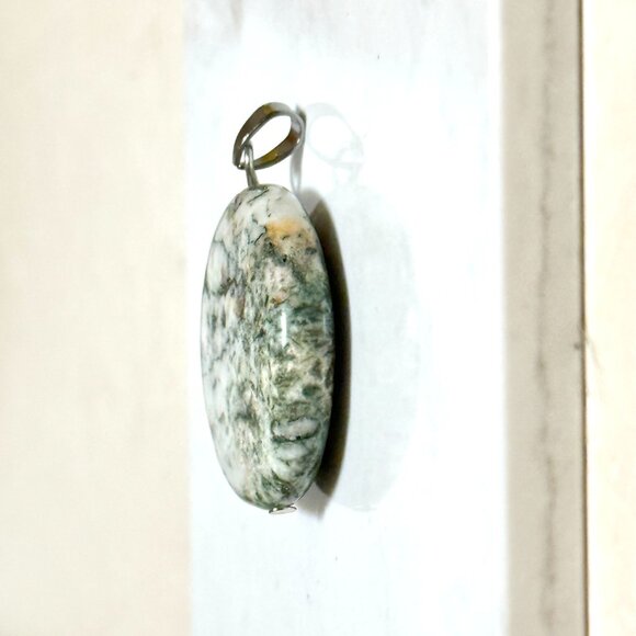 2/$20, White Green Tree Agate Pendant, Large Coin Shape Genuine Gemstone Pendant - Picture 4 of 10